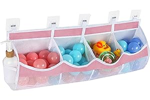 GerdfeiTawtab Large Bath Toy Storage, 4 Compartment Quick Drying Mesh Bath Toy Organizer with 5 Hooks, Easy Access and Sorting Large Capacity Corner Bathroom Storage, Multi Use Holder (Pink)