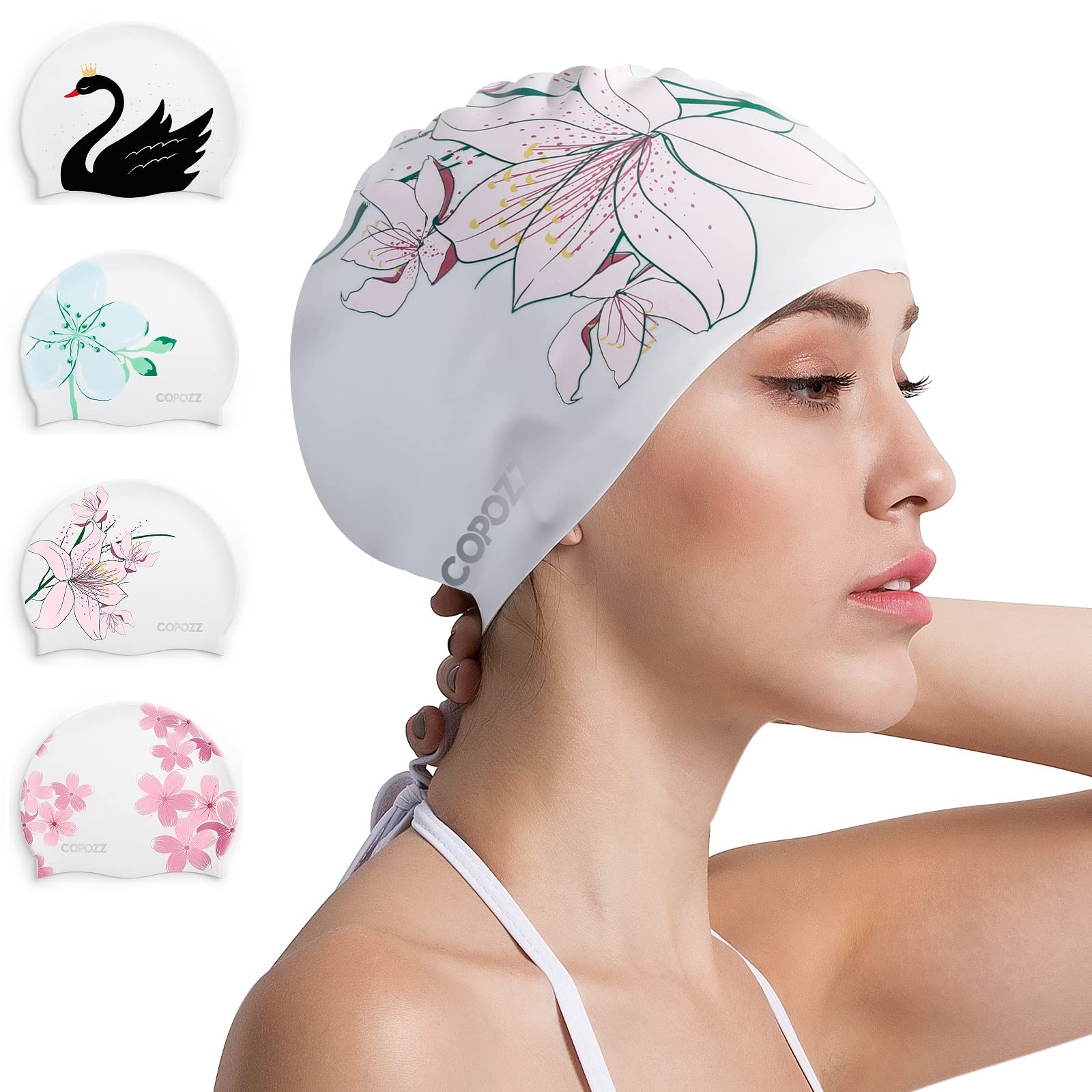 COPOZZ Swimming Cap Women, Adult Swim Cap for Hair and Ear Protection, Silicone Long Hair Swimming Cap for Women, which Keeps Hair Dry