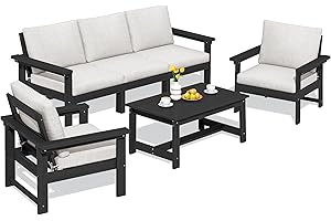 SERWALL HDPE Patio Conversation Set, 6-Piece Sectional Outdoor Furniture Set, All Weather Outdoor Couch Set Patio Furniture Set for Deck, Lawn, Black Frame with Khaki Cushion