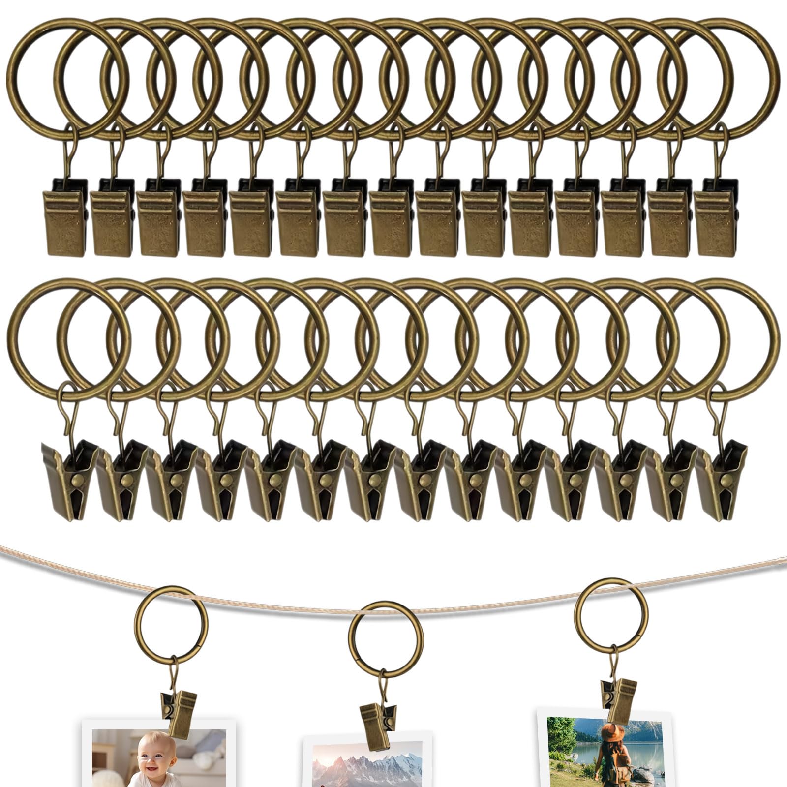 Gerhannery 30 Pack Rings Curtain Clips Strong Metal Decorative Drapery Window Curtain Ring with Clip Rustproof Vintage Compatible with up to 1 inch Drapery Rod Black (Copper)