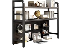 Nerxerx Desktop Bookshelf 2 Layer for Computer Multipurpose Metal Desktop Hutch Shelf Wrought Iron Desktop Bookcase for Office Supplies Organizer (Black)