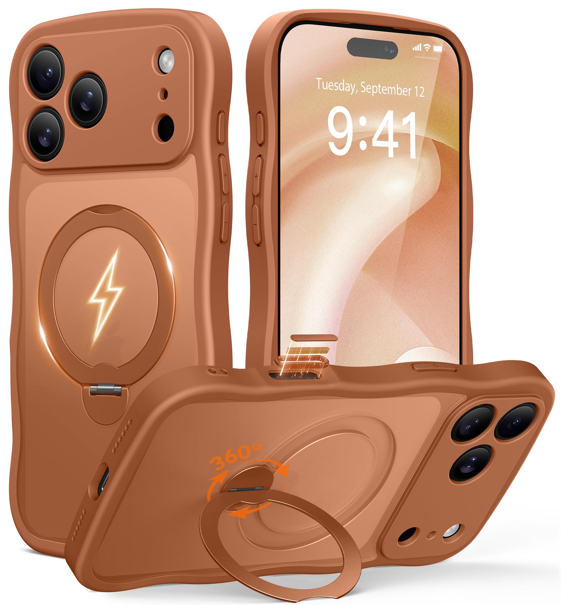 for iPhone 17 Pro Max Case for Women,[Compatible with Magsafe][360° Spin Magnetic Stand][Cute Wave Edge][Military-Grade Protection]Translucent Matte Phone Case for iPhone 17 Pro Max,Cosmic Orange