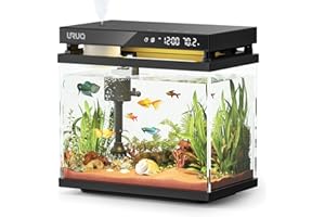 Fish Tank Smart Aquarium Kit: URUQ 2Gal UHD Glass Silent Pump Self Cleaning Multi-Layer Filtration System - 7 Color Lights Fragrance Diffuser Humidifier Temperature Display - Room Desktop Decor Black