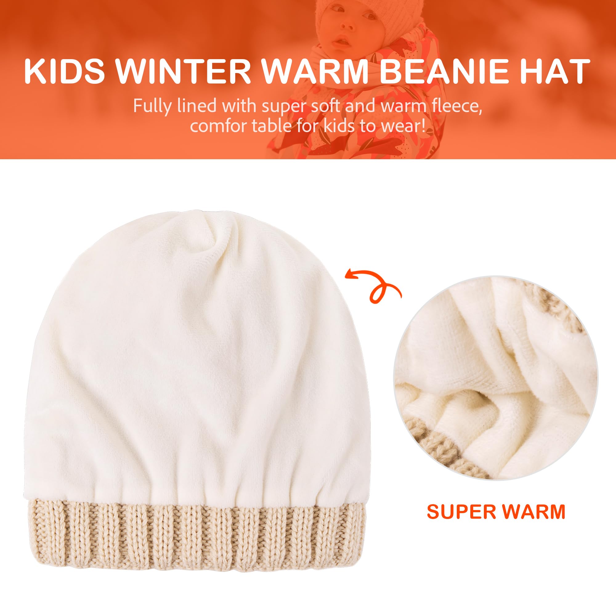Toddler Winter Beanie Hat, Infant Winter Warm Knit Fleece Lined Cap for Girls Boys with Pom Pom for 0-36 Months 2 Packs