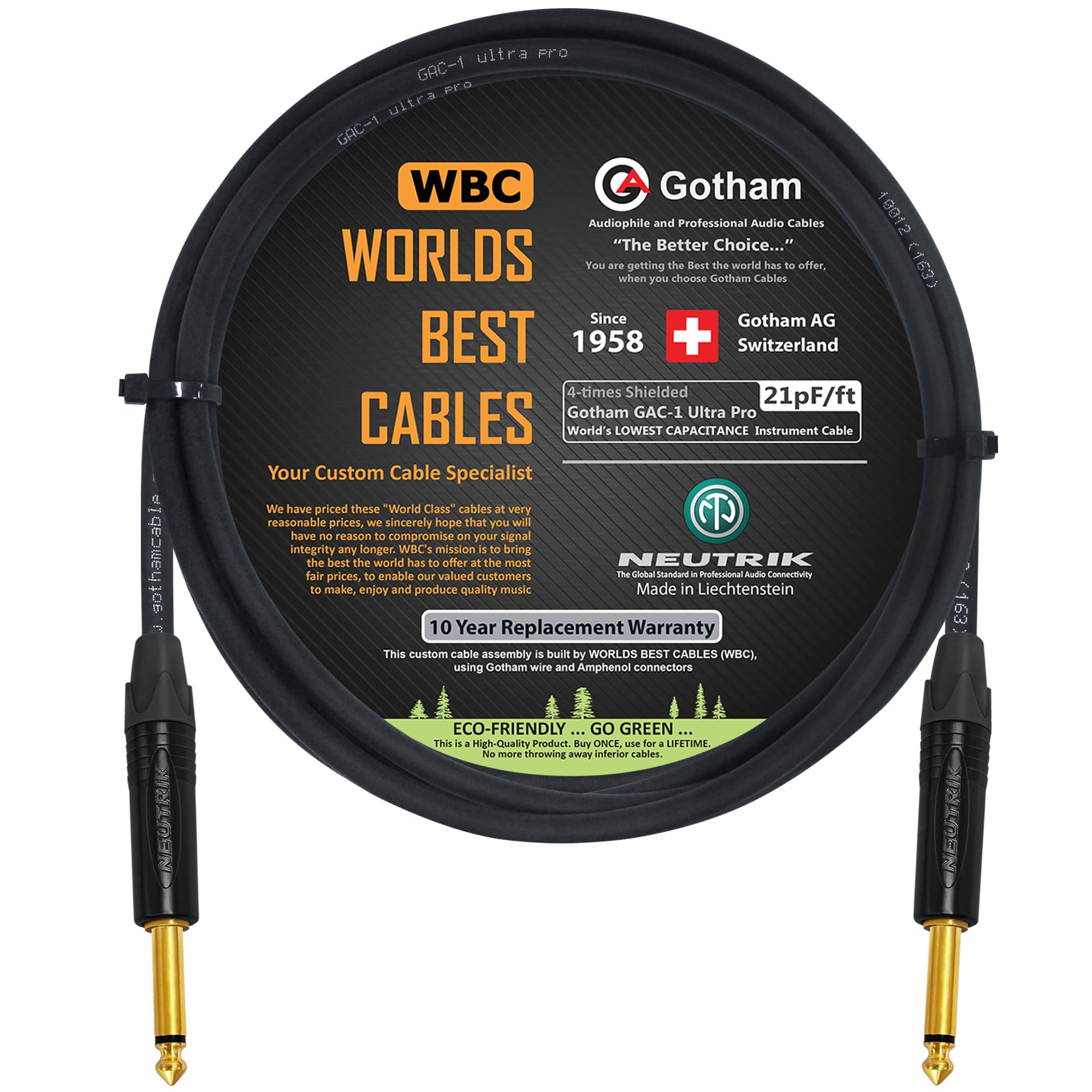 WORLDS BEST CABLES 50 CM - Gotham GAC-1 Ultra Pro - Premium, Low-Capacitance (21 pf/Ft) Guitar Bass Instrument Cable - with Straight to Straight 6.35mm Neutrik Gold Plated TS Connectors