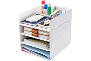 Tiawudi Desk Organizer, Office Organization and Storage, Plastic Letter Tray, Stackable File Organizer for Classroom, Home, Documents, Notes, Folders, Books and Pens, 4 Tier