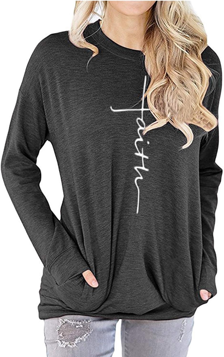 Women's Casual Faith Printed Round Neck Sweatshirt T-Shirts Tops Blouse with Pocket
