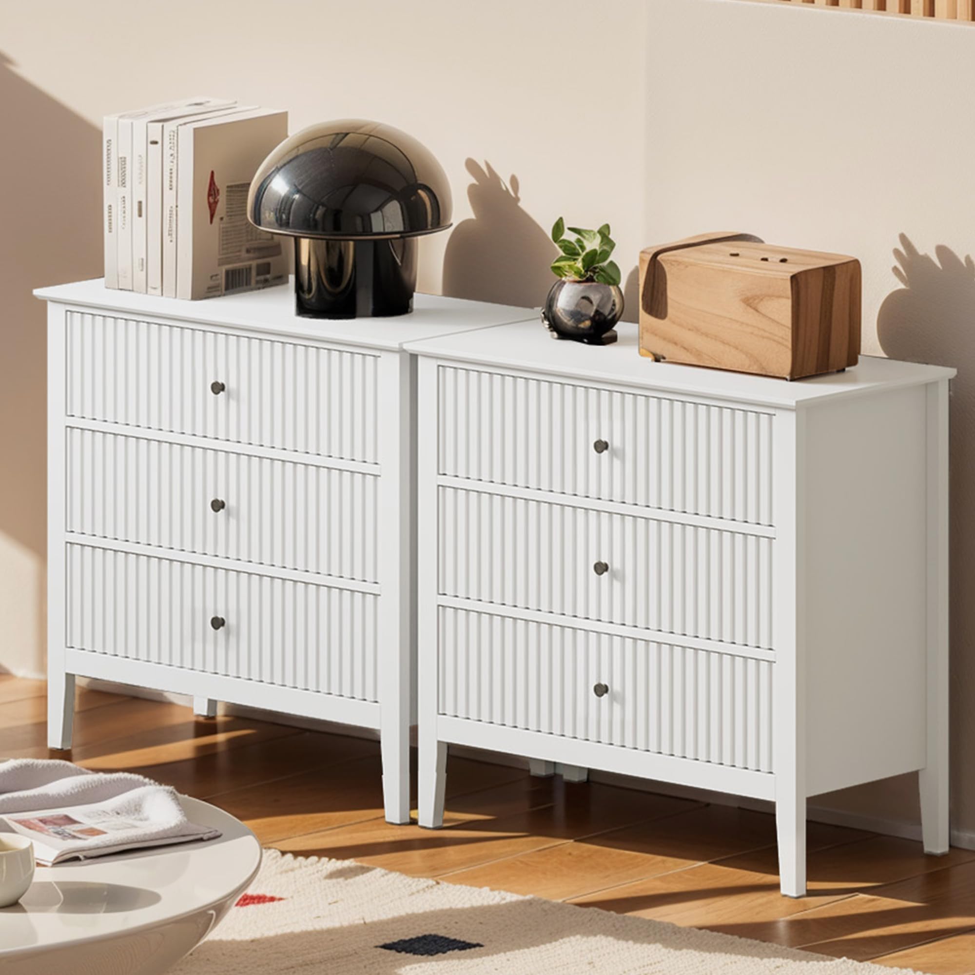 Photo 1 of *Damaged item* May in Color Large White Fluted 3 Drawer Dresser Set of 2, Chest of Drawers with Ball Bearing Slide Modern 30 inch Tall Wood Nightstand with Spacious Storage for Bedroom Hallway Living Room Entryway
