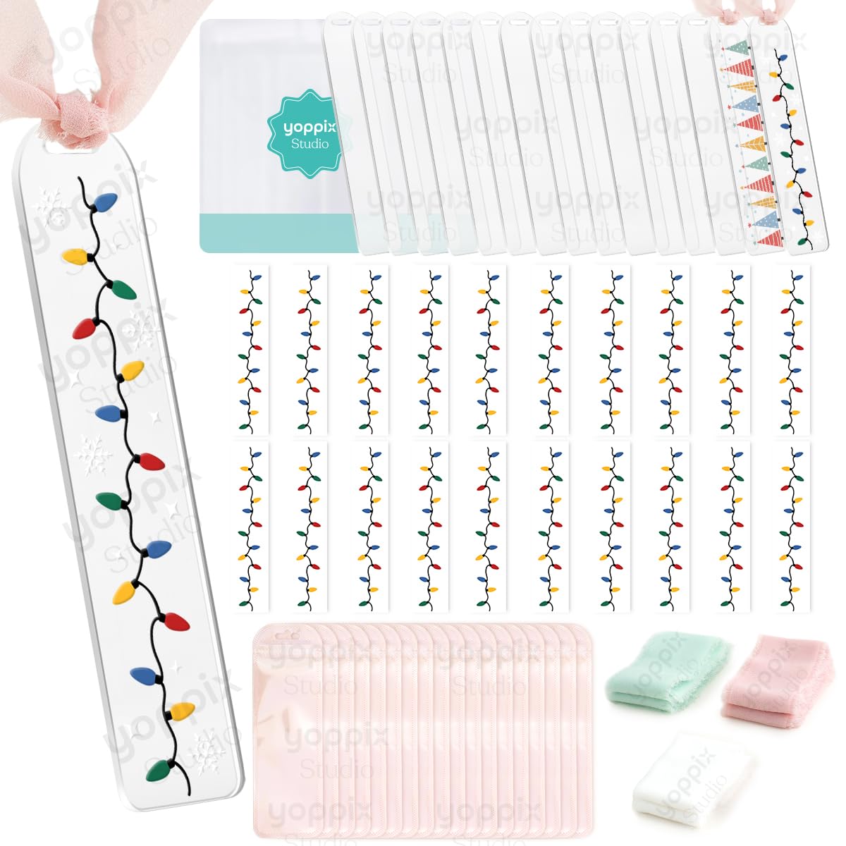 Photo 1 of 180 Pcs Acrylic Bookmark Blanks- 20 Set Bookmark Making Kit with 20 UV DTF Stickers About Christmas Theme 20 Tassels 20 Ribbon 80 Bookish Stickers for DIY Your Crafts Gift for Book Lover