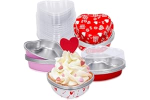 RGQSUN 24 Sets Valentine's Day Heart Shaped Cake Pans with Lids,255ml/9oz Disposable Mini Aluminum Foil Cupcake Baking Cups,Heart Muffin Tin Ramekins Containers for Mother's Day Wedding Birthday Party