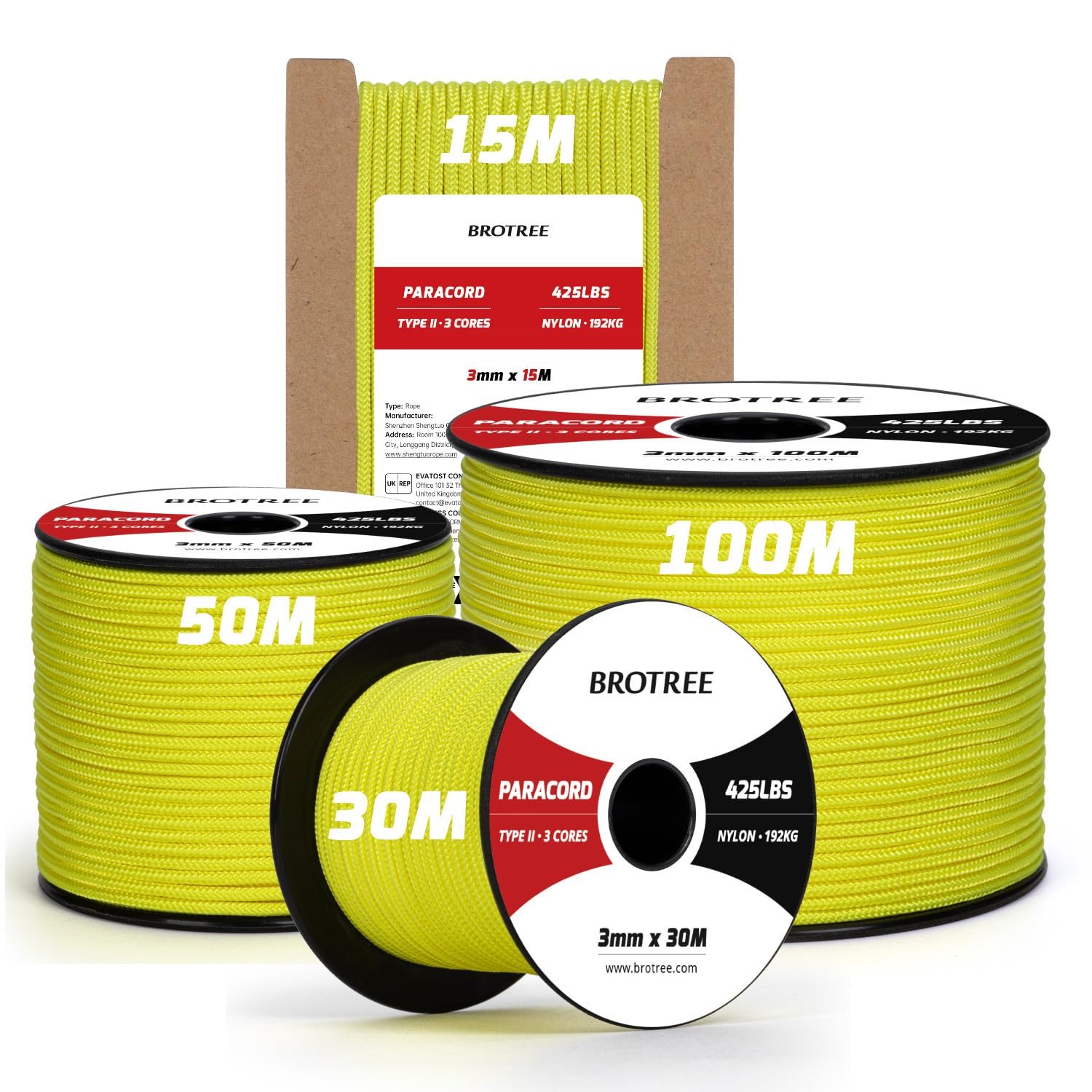 Brotree 3mm Paracord 425 100% Nylon 100M Rope 3 Strands Type II Parachute Cord for Outdoor, Craft, DIY - 192kg Breaking Load (Neon Yellow)