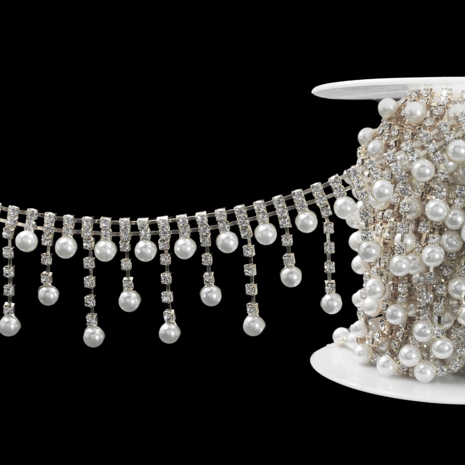 2 Yard Rhinestone Trim Chain, Silver Pearl Crystal Beads String Diamante Ribbon Bling Strips Sewing Fringe Tassel Sewing for DIY Party Wedding Bouquet Dress Decoration Bridal Costume Embellishment