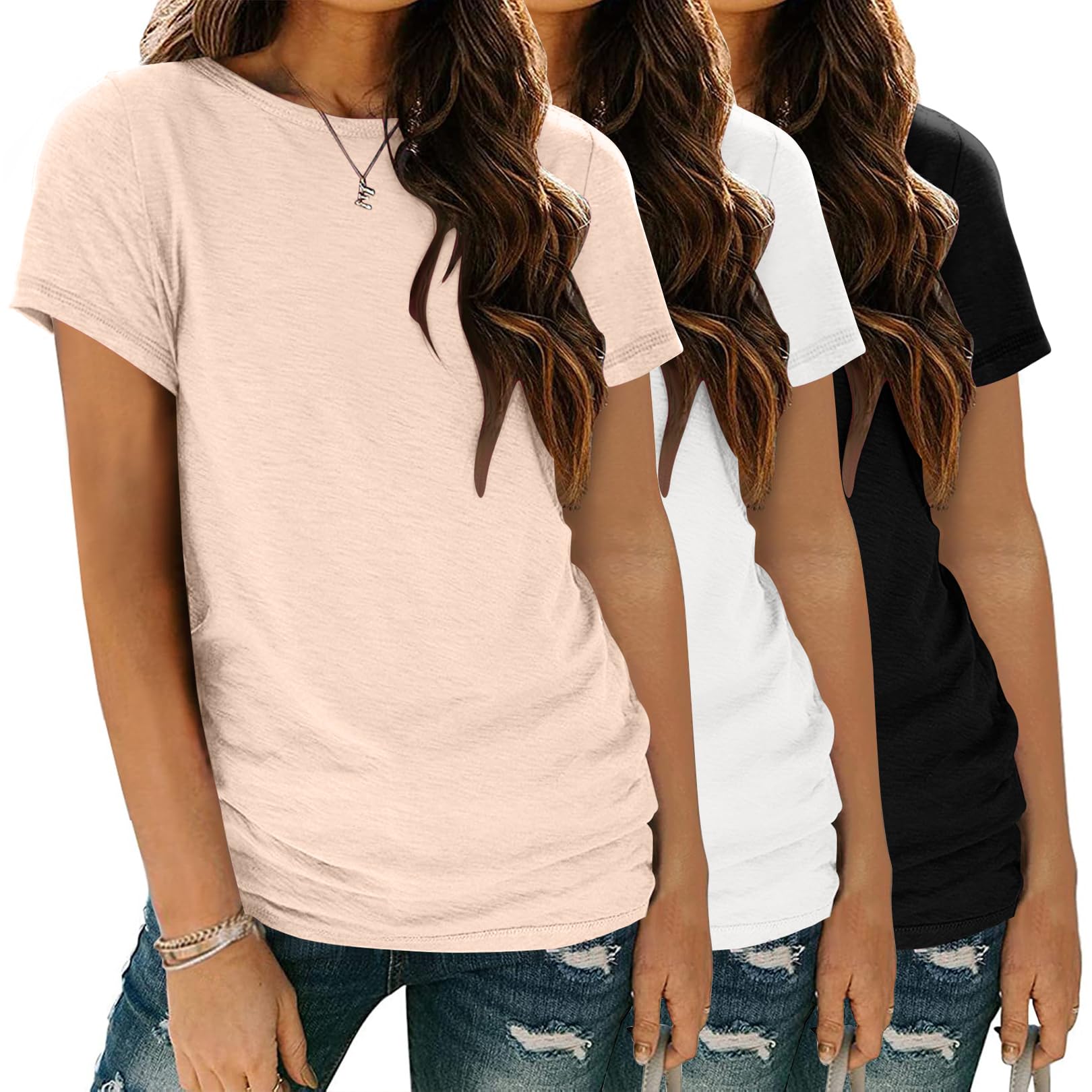 Zeagoo Tshirts Shirts for Women Short Sleeve Summer Top Crewneck 3 Pack Workout Basic Tees Casual Beach Vacation Clothes Image