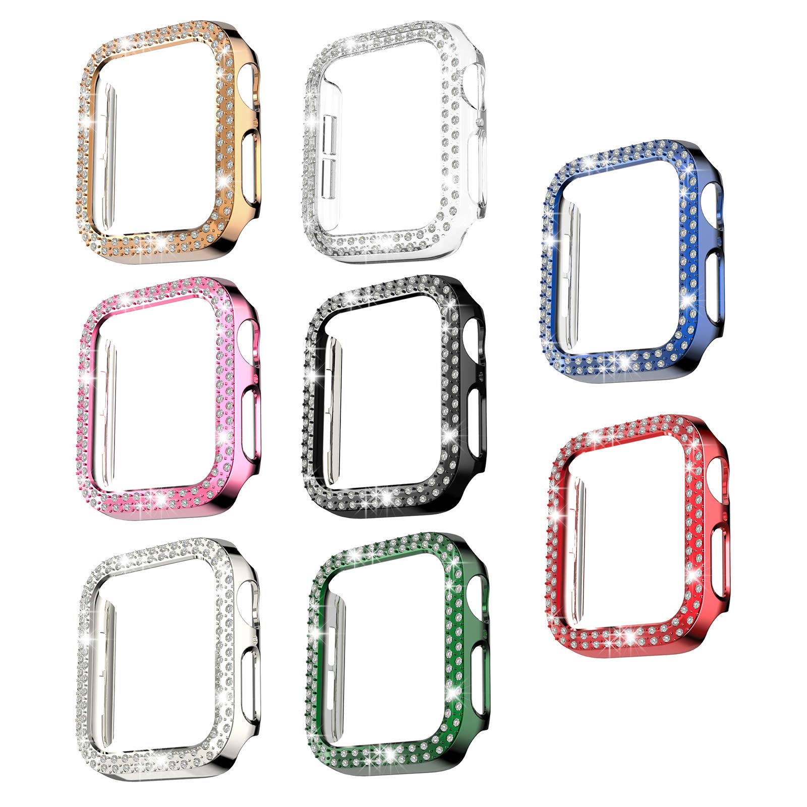 8 Pack Bling Case Compatible with Apple Watch Serie 3/2/1 38mm,Dilhvy Hard PC Double Row Crystal Diamond Plated Case Shockproof Cover Bumper Frame All-Around Protective iWatch Accessories
