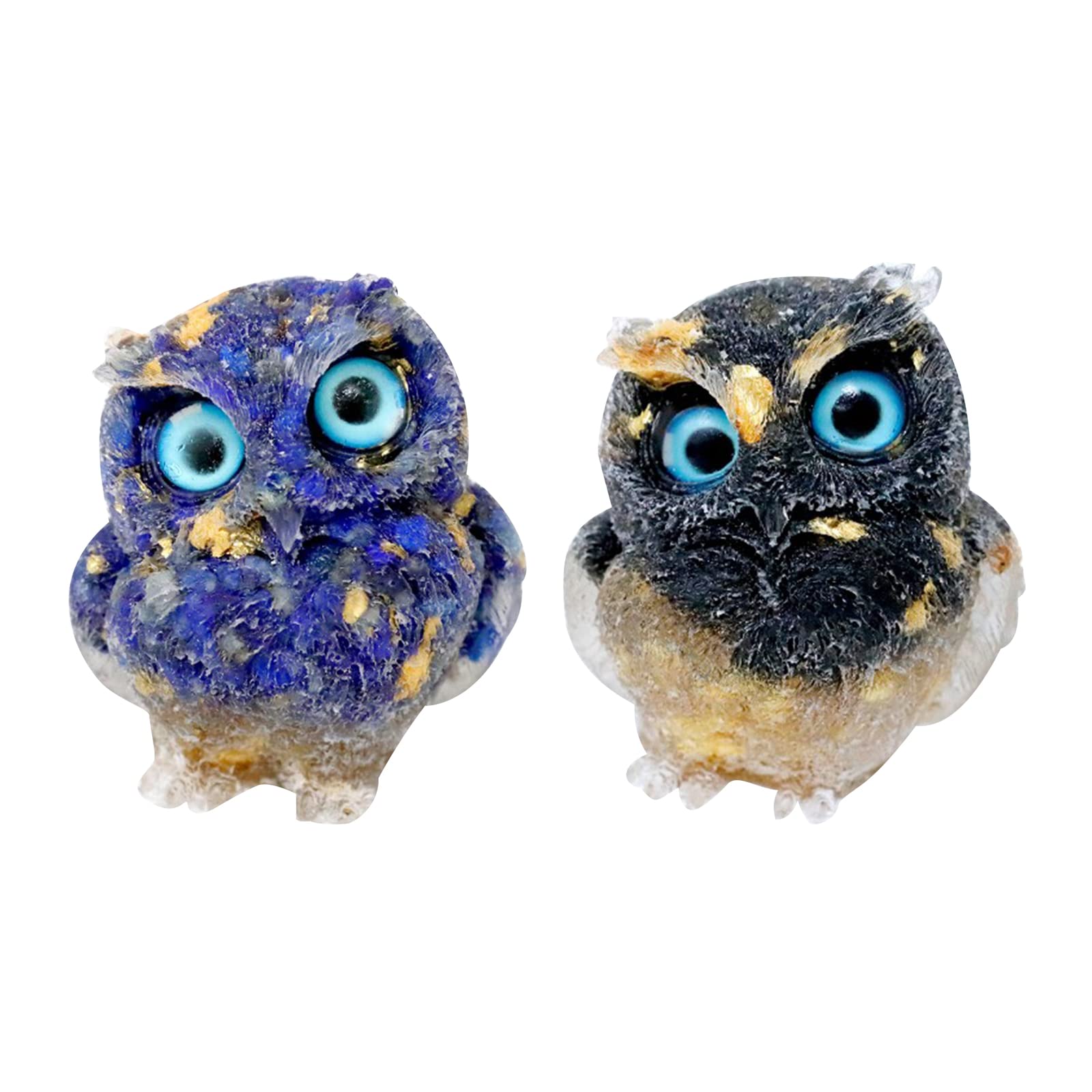Soulnioi 2pcs Natural Crystal Gravel Dripping Owl Ornaments, Lapis Lapis Gold Foil+Obsidian Gold Foil, Tabletop, Table and Home Decoration