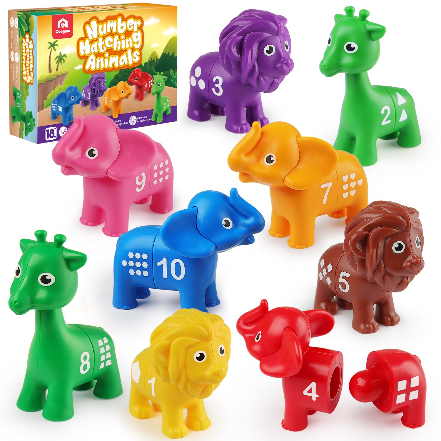 Coogam Number Matching Toy Set, 10pcs Double-Sided Animal Number Counting Game, Preschool Fine Motor Skill Mathematics Educational Toys for 3 4 5 Year