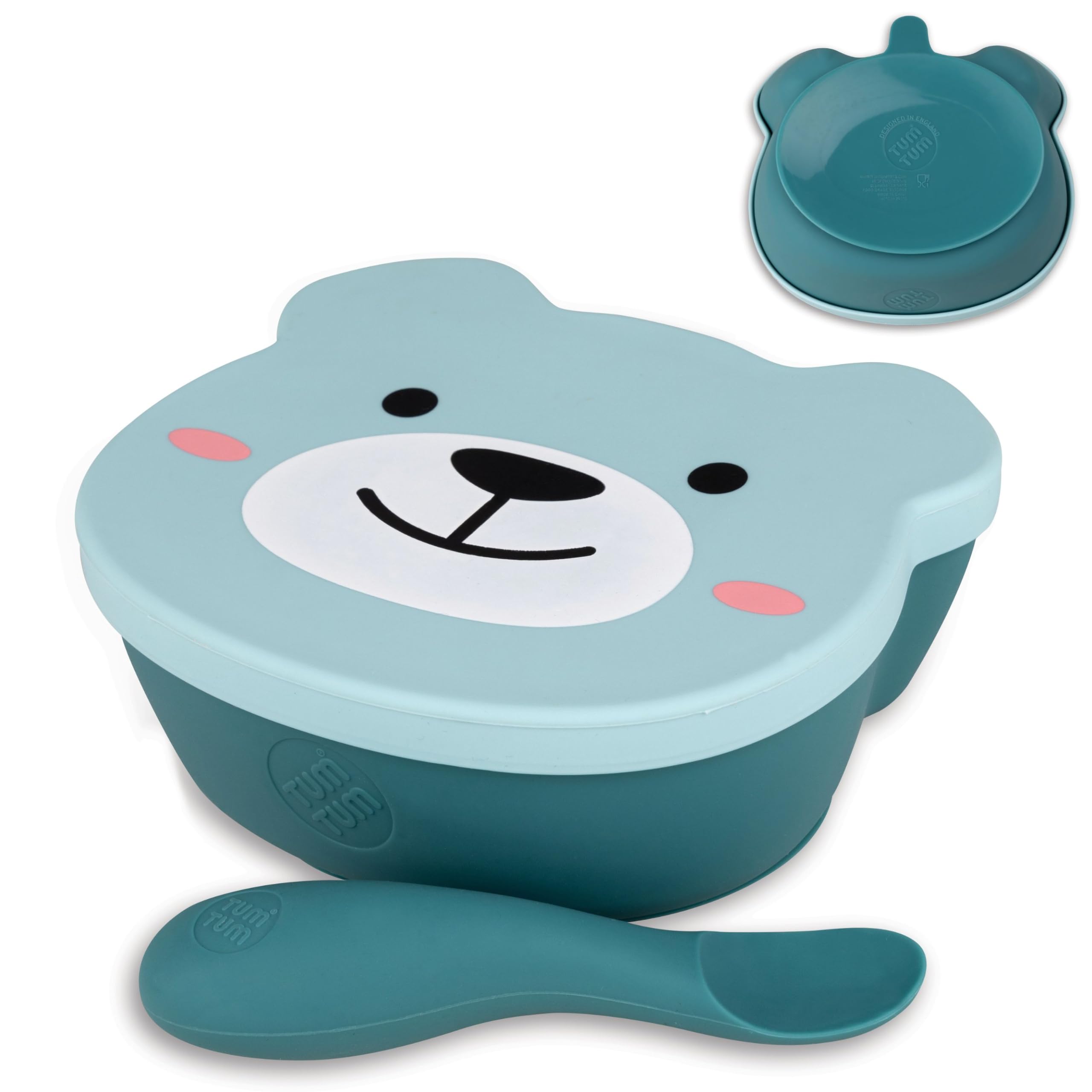 TUM TUM Stay Put Baby Bowl for Weaning, Baby Suction Bowl with Lid & Spoon, for Babies & Toddlers 6 Months+, BPA Free Weaning Set for Babies, Microwave/Dishwasher/Freezer Safe, Boris Bear, Blue