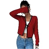ZAFUL Women's Tie Front Cardigan Color Block Bow Cable Knit Sweater Open Front Long Sleeve Coats Tops