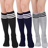 DRESHOW Women's Knee High Socks Seamless Toe Stripe Tube Knee Socks 3 Pairs | Stay-up Ribbed Cuff, Solid & Striped Colors, Soft Breathable for Daily, Sport, School, Costume, All Season Knee Long Socks