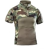 AKARMY Men's Military Short Sleeve T-Shirt, Tactical Cargo Pullover Polo Shirts, Outdoor Camo Shirt with 1/4 Zipper
