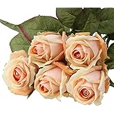 DILATATA Artificial Realistic Roses Peach Flowers 24" Real Touch Silk Roses Bouquet Long Stems Rose Fake Roses Decor for Home Party Wedding Table Centerpieces Roses Realistic - 5 Pcs