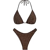 seamoly Women's Bikini Sets Toweling Jacquard Textured Halter Two Piece Swimsuits Open Back Cheeky High Cut Bathing Suit