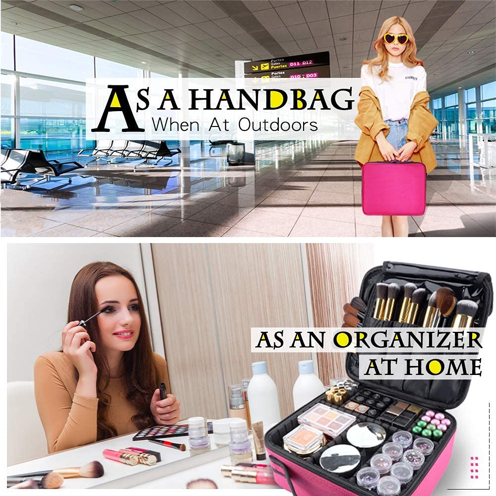 gzcz Travel Makeup Bag 10.4 Inches Professional Cosmetic Case Make Up Bag Cosmetic Brush Organizer Bag with Adjustable Divider, Storage Case for Girls and Women(S-Rose Red)