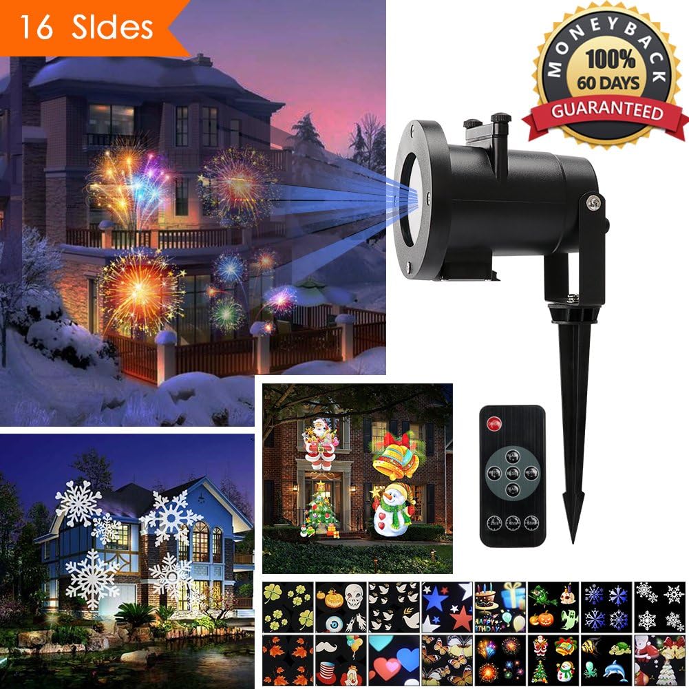 Christmas Light Projector, Ernovo Led Landscape Spotlight with 16 Pieces Switchable Patterns Waterproof Moving Rotating Led Projector Light Show for Halloween, Birthday Party,Holiday Decoration