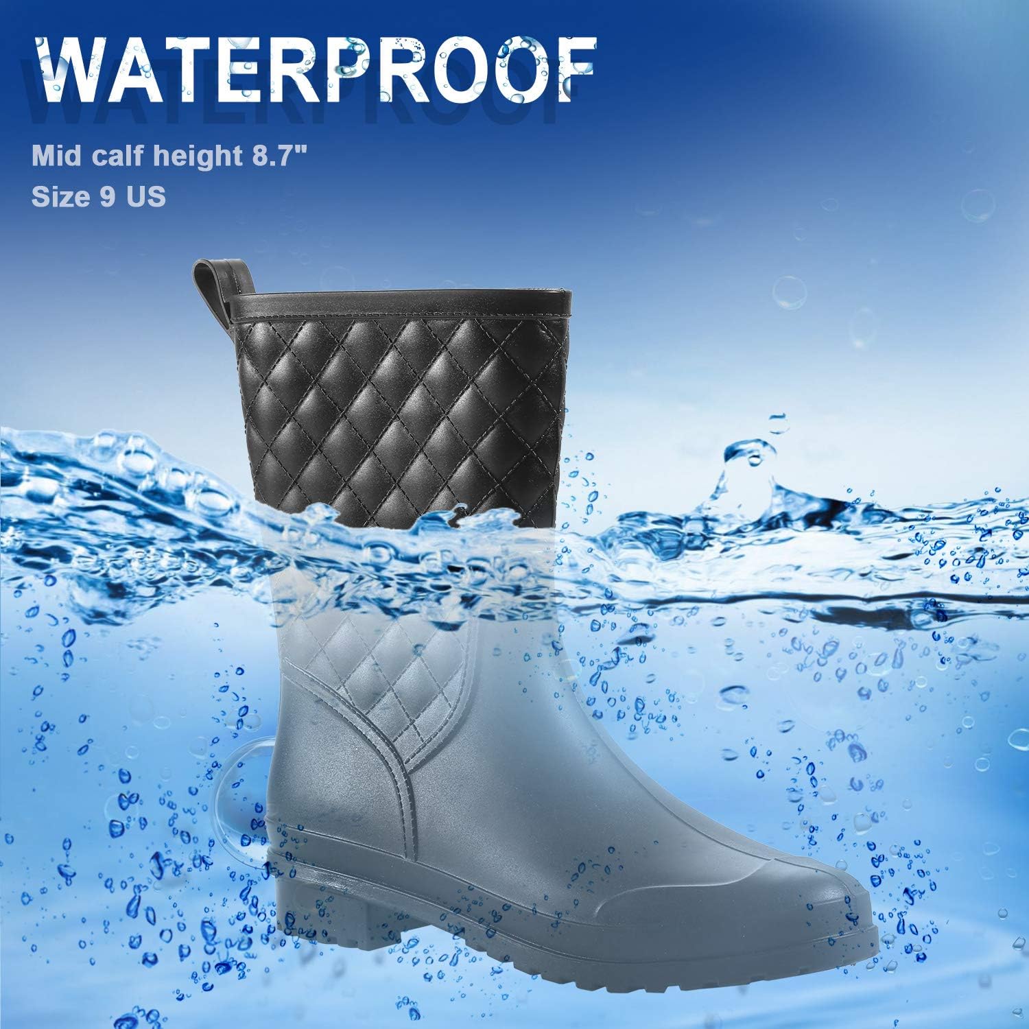  | Petrass Women Rain Boots Black Waterproof Mid Calf Lightweight Cute Booties Fashion Out Work Comfortable Garden Shoes | Rain Footwear