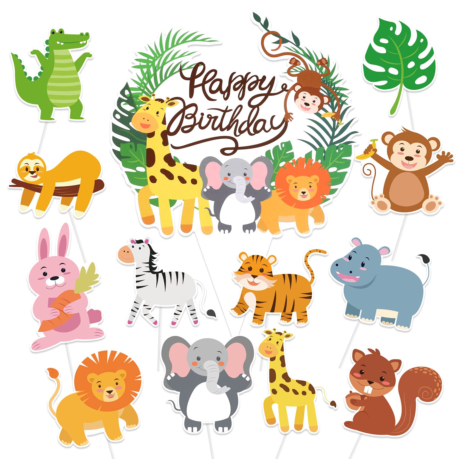 DPKOW 37pcs Animal Birthday Cake Toppers Decorations, Cupcake Toppers Decorations for Zoo Animal Theme Birthday Party Decorations Kids, Safari Cake Decor for Kids Boy Girl 1st 2nd 3rd 4th