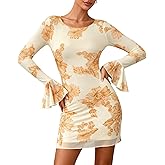 PRETTYGARDEN Women's Floral Dress Spring Fall Fashion Long Bell Sleeve Flower Mini Short Mesh Bodycon Party Dresses