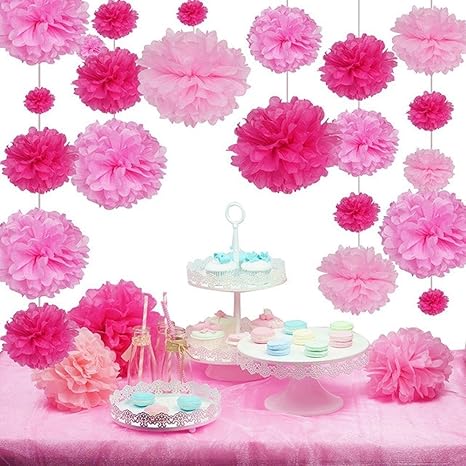 SUNBEAUTY 27er Set Pink Rosa Serie Seidenpapier Pom Poms Blumen Hochzeit Party Hanging Dekorations von