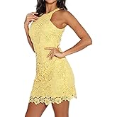 Jovono Women Tank Bodycon Dress Lace Halter Neck Dress Sleeveless Basic Midi Club Dresses Party Short Summer Dress