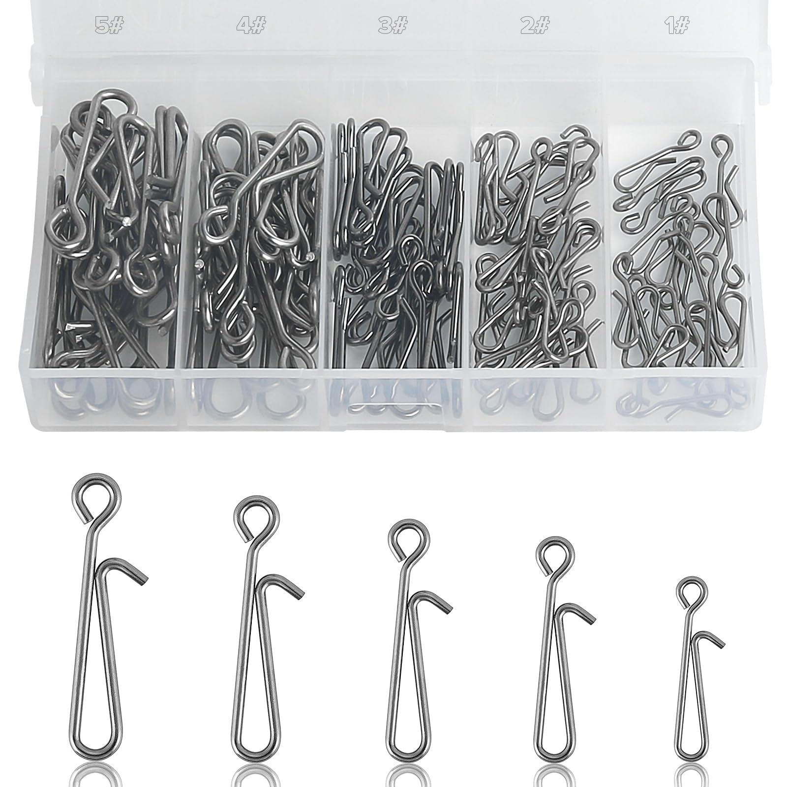 Realure 100 Pcs/5 Sizes Quick Change Fishing Rolling Swivels Hanging Snaps Sea Fishing Swivels and Clips for Fishing Lure to Line Connectors (100 Pcs(1# 2# 3# 4# 5#))