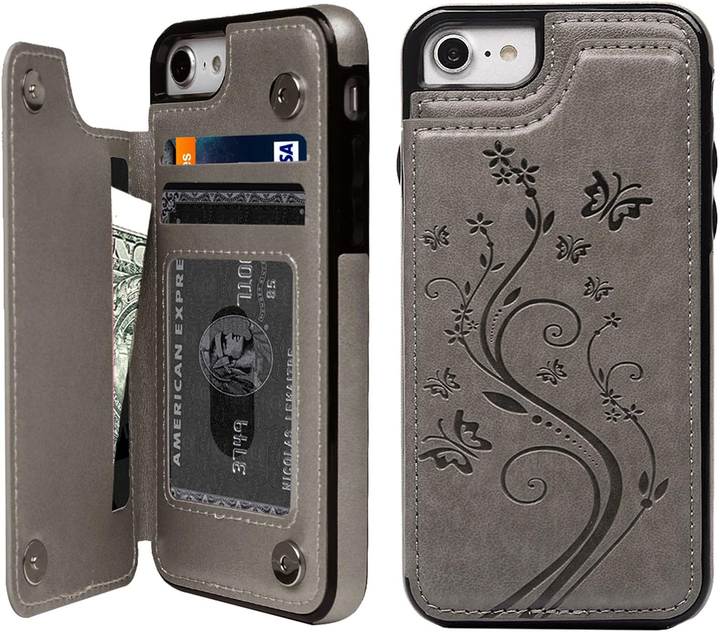 SUPWALL Compatible with iPhone 7 Card Holder Case, iPhone 8 Wallet Case Embossed Butterfly Slim Folio Leather Cover Shockproof Shell with Credit Card Slot Protective Skin for iPhone 7 & 8,Gray