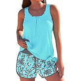 ROSEWE Modest Tankini Swimsuits for Women, Two Piece Athletic Womens Bathing Suits Blouson Tank Tops with Board Shorts
