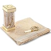 Muslim Prayer Rug and Prayer Beads with Elegant Gift Box | Janamaz | Sajadah | Soft Islamic Prayer Rug | Islamic Gifts Set | Prayer Carpet Mat, Taffeta Fabric, Cream