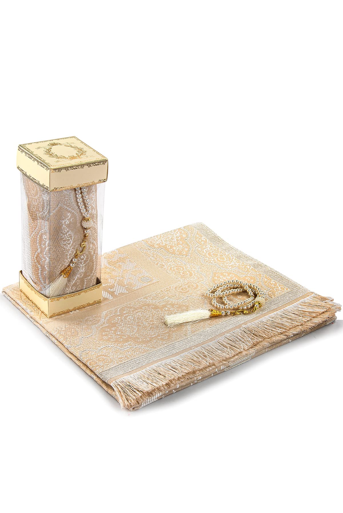 Muslim Prayer Doll Rug and Prayer Beads with Elegant Gift Box | Janamaz | Sajadah | Soft Islamic Prayer Rug | Islamic Gifts Set | Prayer Carpet Mat, Taffeta Fabric, Cream