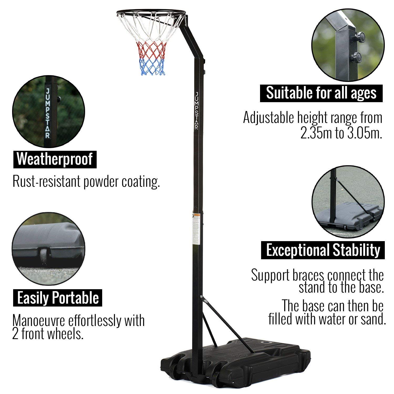 JumpStar Sports Netball Stand, Height Adjustable Post 8ft 9ft 10ft