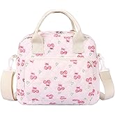 WOBAGMEN Quilted Lunch Box for Women,Large Pink Cherry Insulated Lunch Bag for Adult,Cute Lunch Tote Bags for Work Picnic Travel (pink charry heart,M)