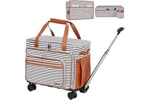 FINESUN Sewing Machine Case with Wheels, PU Leather Foldable Deluxe Rolling Sewing Machine Carrying Bag for Brother, Singer, Bernina and Most Machines,Black and White Stripes (3in1)