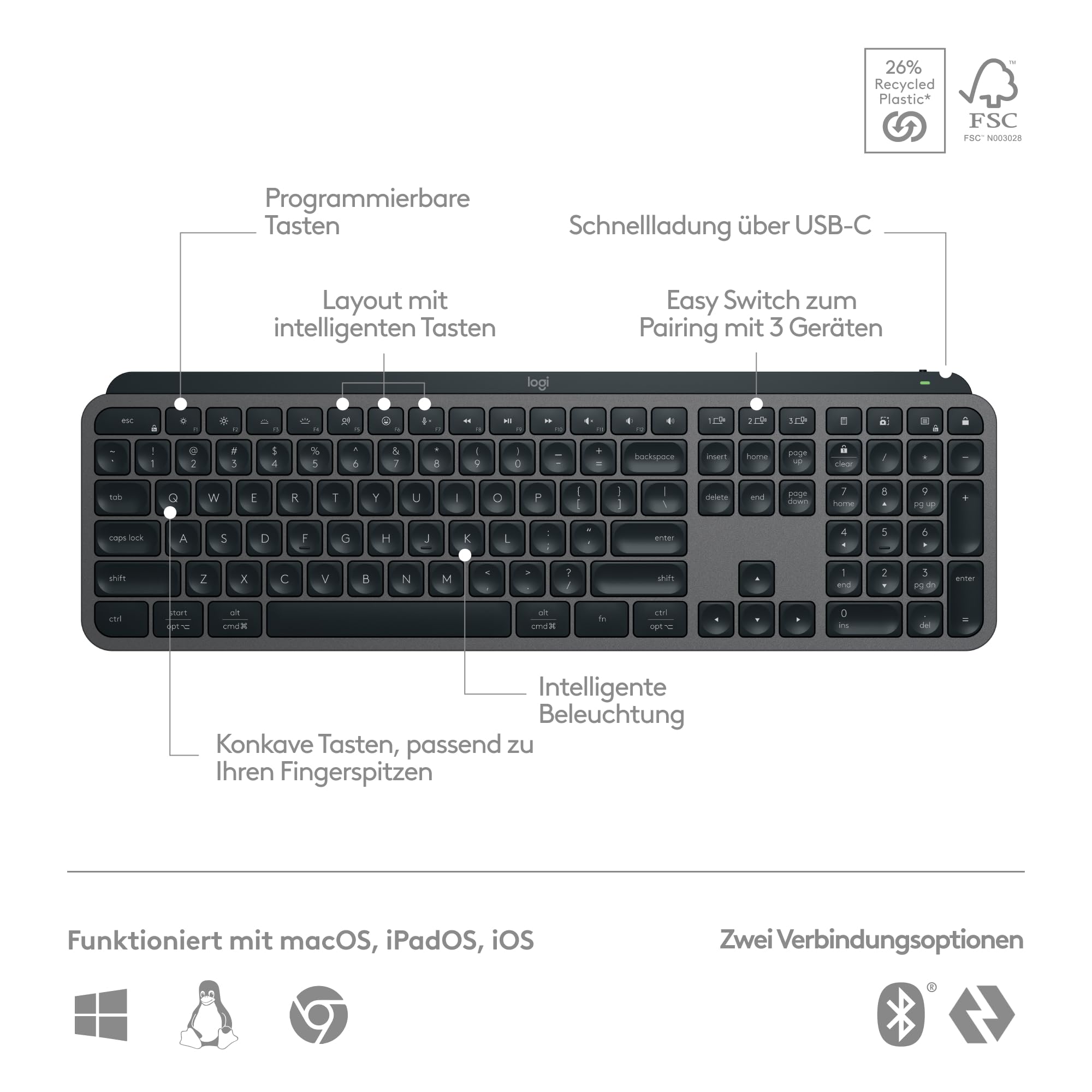 Logitech MX Keys S Plus kabellose Tastatur, Low Profile, Fluid Quiet Typing, Programmable, Backlighting, Bluetooth, Rechargeable, für Windows PC/Linux/Chrome/Mac- Graphit, Deutsches QWERTZ-Layout
