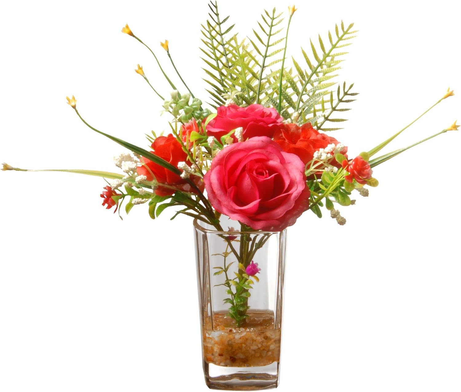 Amazon Com Cc Christmas Decor 12 Artificial Red Rose Flower Arrangement In Glass Vase Home Kitchen