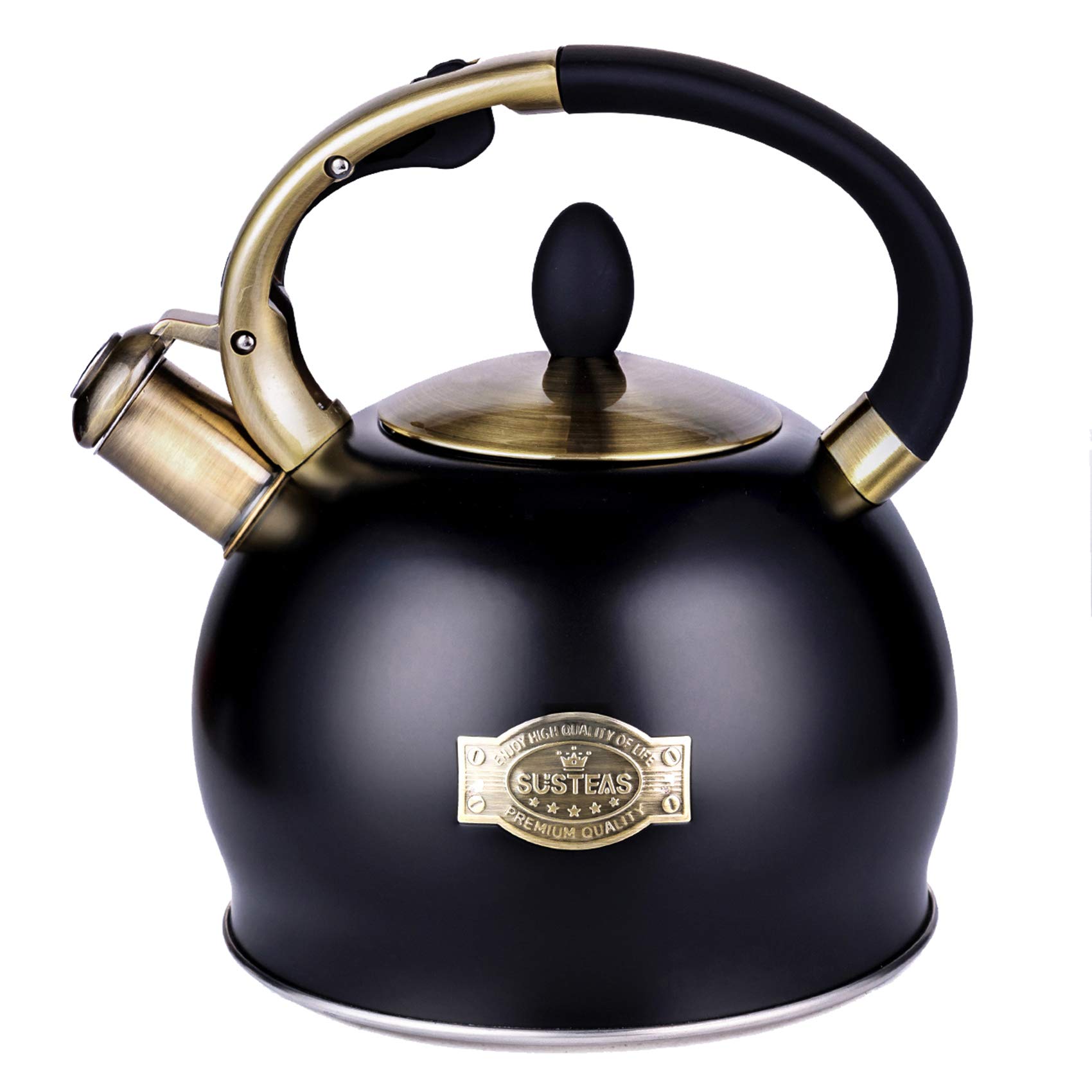 SUSTEAS Stove Top Whistling Tea Kettle-Surgical Stainless Steel Teakettle Teapot with Cool Touch Ergonomic Handle, With 1 Silicone Pinch Mitt Included,3L (Black)