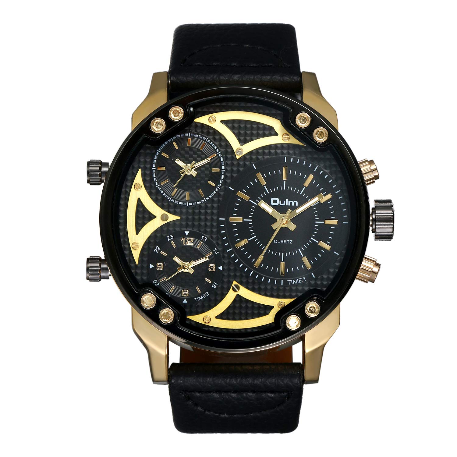 JewelryWe Men Three Time Zone Watches, Men Leather Strap Wrist Watch Big Dial Quartz Watches