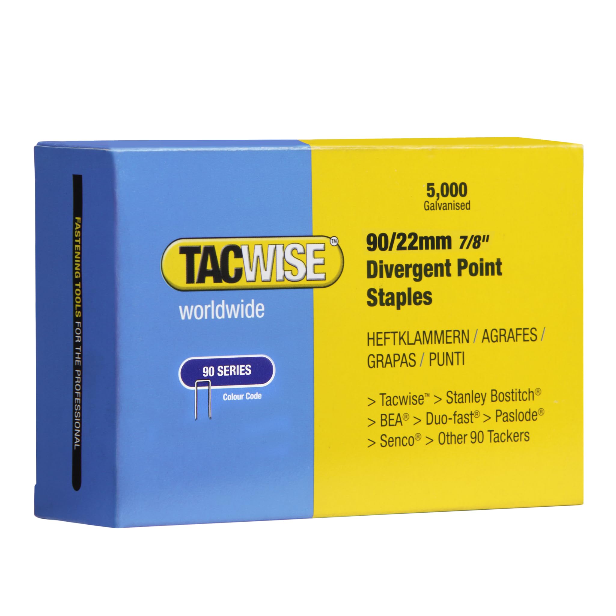 Tacwise 0313 Type 90 / 22 mm Galvanised Narrow Crown Staples, Divergent Point, Pack of 5000