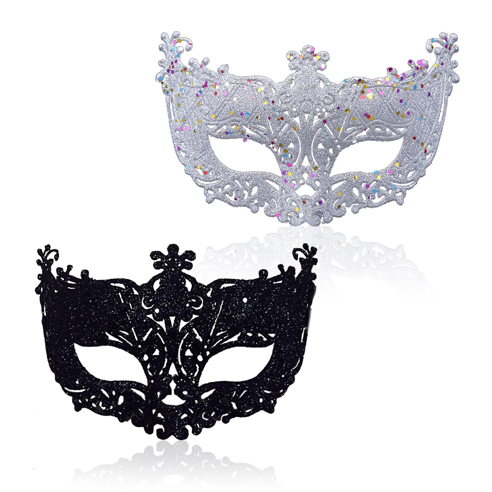 TSHAOUN 2 PCS masquerade mask Black Filigree and Silver Filigree Party Fancy christmas mask masks for masquerade ball (Black，Silver)