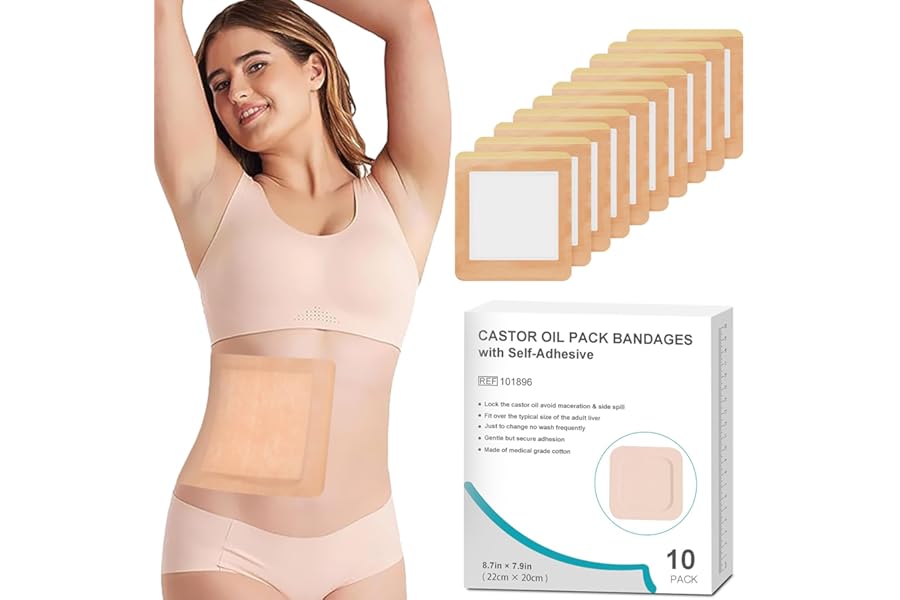 10Pcs Castor Oil Pack Wrap for Liver, Stomach, Belly Button | 8.7″*7.9″ Organic Cotton Pads | Highly Absorbent Self-Adhesive Disposable Patches | No Wash, 100% Leak-Free(Oil Not Included) US Patented