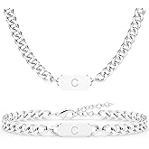 Aospkle 2PCS Initial Letter Cuban Necklace Bracelet, A-Z Letter Pendant Silver Cuban Link Chain for Men Women Jewelry Set for S