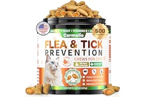CARMELIE Flea and Tick Prevention for Cats, 500 Crunchy & Creamy Chews, Cat Flea Chewables with Natural Oral Flea Treatment Supplement Cats, Skin & Coat Support - All Breeds & Ages - Chicken and Krill Flavor